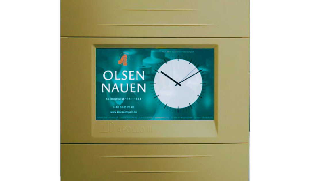 Olsen Nauen Klokkestøperi, klokkespill, kirkeklokker, skipsklokker, 1844, gårdsklokker, norsk industri, småklokker, bronse, automatikk, ringeanlegg, styringsur, ringemotor, kimehammer, fjernstyring, clck-o-matic